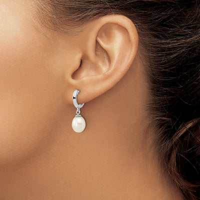 Sterling Silver Rhodium-plated White Teardrop Freshwater Cultured Pearl Dangle Hoop Earrings