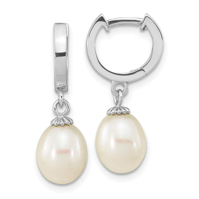 Sterling Silver Rhodium-plated White Teardrop Freshwater Cultured Pearl Dangle Hoop Earrings