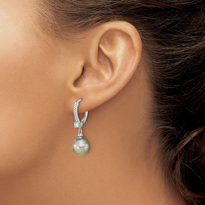 Sterling Silver Rhodium-plated Black Teardrop Tahitian Saltwater Cultured Pearl and CZ Dangle Leverback Earrings, 32.3 x 9 to 10mm