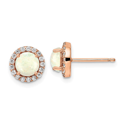 Sterling Silver Rose-tone Polished Created Opal & CZ Halo Post Earrings