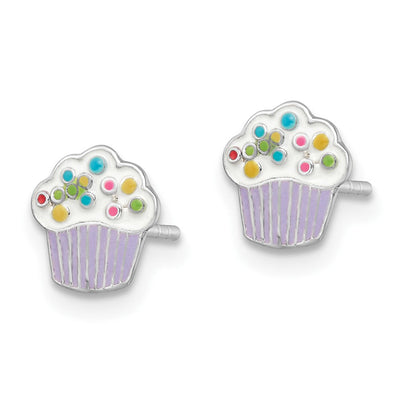 Sterling Silver Rhodium-plated Polished Multi-color Enameled Cupcake Children's Post Earrings, 7.95 x 7.57mm