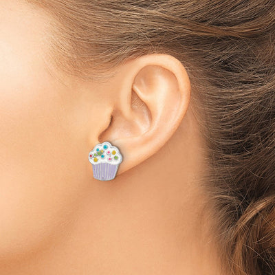 Sterling Silver Rhodium-plated Polished Multi-color Enameled Cupcake Children's Post Earrings, 7.95 x 7.57mm