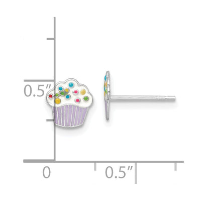 Sterling Silver Rhodium-plated Polished Multi-color Enameled Cupcake Children's Post Earrings, 7.95 x 7.57mm