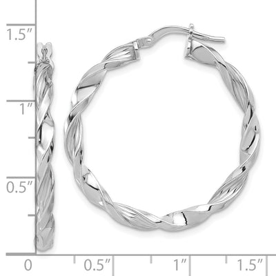 Sterling Silver Rhodium-plated Polished & Textured Twisted Hoop Earrings, 34.5 x 3.25mm