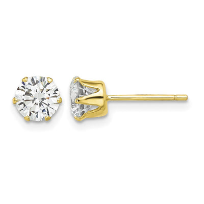 Sterling Silver Gold-tone Polished 6 Prong CZ Post Stud Earrings, 6 x 6mm