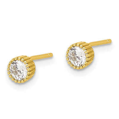 Sterling Silver Gold-tone CZ Grooved Bezel Post Stud Earrings, 4.85 x 4.85mm
