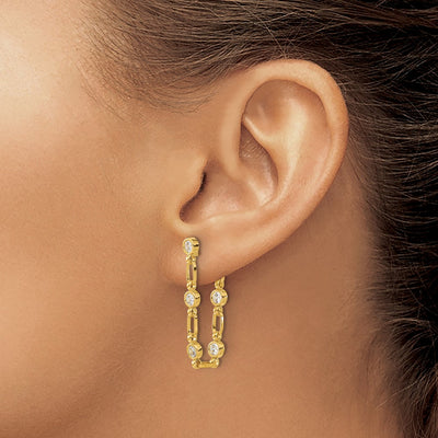 Sterling Silver Gold-tone Bezel CZ Post Dangle Earrings, 30 x 3.75mm