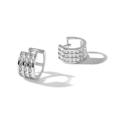 Sterling Silver Rhodium-plated 3 Row CZ Hinged Hoop Earrings, 10.4 x 11.3mm
