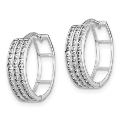 Sterling Silver Rhodium-plated 3 Row CZ Hinged Hoop Earrings, 16 x 16.2mm