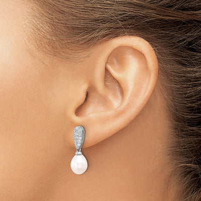 Sterling Silver Rhodium-plated White Teardrop Freshwater Cultured Pearl and CZ Post Dangle Earrings, 24 x 8 to 9mm