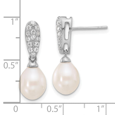 Sterling Silver Rhodium-plated White Teardrop Freshwater Cultured Pearl and CZ Post Dangle Earrings, 24 x 8 to 9mm