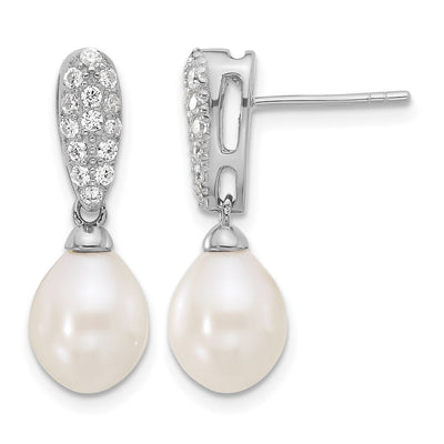Sterling Silver Rhodium-plated White Teardrop Freshwater Cultured Pearl and CZ Post Dangle Earrings, 24 x 8 to 9mm