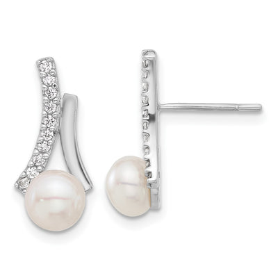 Sterling Silver Rhodium-plated CZ/Button FWC Pearl Post Earrings
