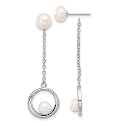 Sterling Silver Rhodium-plated White Button Freshwater Cultured Pearl Post Dangle Earrings