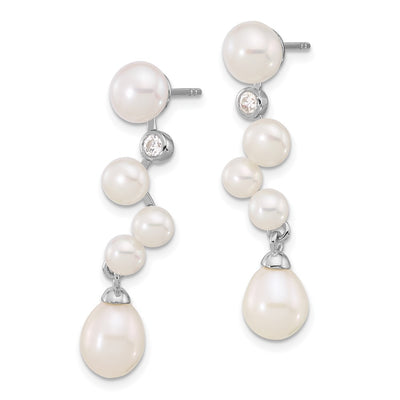 Sterling Silver Rhodium-plated 7-8/4- White Rice and Button Freshwater Cultured Pearl and CZ Post Dangle Earrings