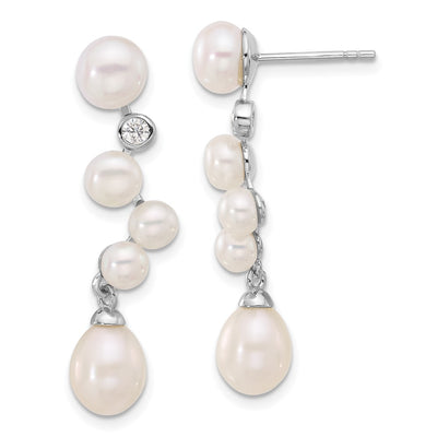 Sterling Silver Rhodium-plated 7-8/4- White Rice and Button Freshwater Cultured Pearl and CZ Post Dangle Earrings