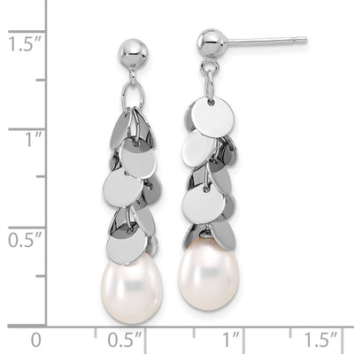 Sterling Silver Rhodium-plated White Teardrop Freshwater Cultured Pearl Post Dangle Earrings, 37.5 x 7 to 8mm