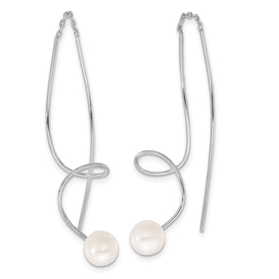 Sterling Silver Rhodium-plated White Button Freshwater Cultured Pearl Twisted Threader Earrings