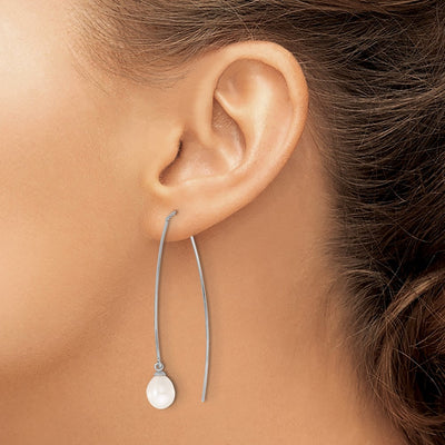 Sterling Silver Rhodium-plated White Teardrop Freshwater Cultured Pearl Threader Earrings, 55.4 x 7 to 8mm