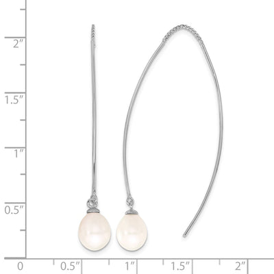 Sterling Silver Rhodium-plated White Teardrop Freshwater Cultured Pearl Threader Earrings, 55.4 x 7 to 8mm