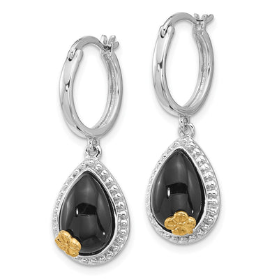 Sterling Silver Rhodium-plated w/ 14K accent Flower & Black Onyx Beaded Teardrop Round Dangle Hoop Earrings