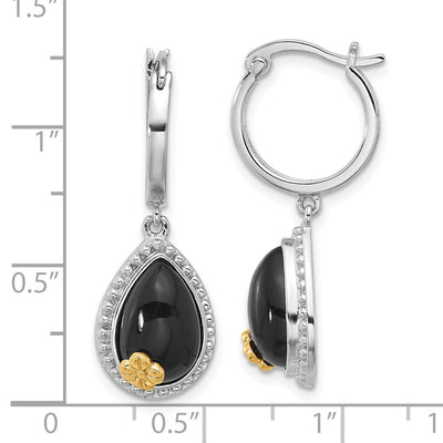Sterling Silver Rhodium-plated w/ 14K accent Flower & Black Onyx Beaded Teardrop Round Dangle Hoop Earrings