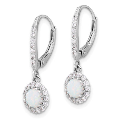 Sterling Silver RH-plated CZ & Cr. Opal Halo Dangle Leverback Earrings
