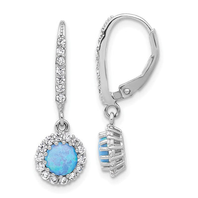 Sterling Silver RH-plated CZ & Blue Cr. Opal Halo Dangle Leverback Earrings