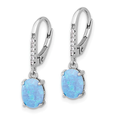Sterling Silver RH-plated CZ & Oval Blue Cr. Opal Leverback Dangle Earrings