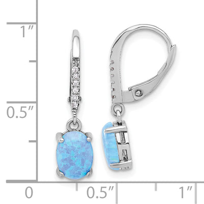 Sterling Silver RH-plated CZ & Oval Blue Cr. Opal Leverback Dangle Earrings
