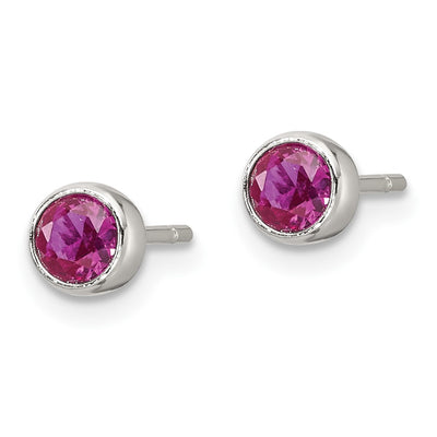 Sterling Silver Polished Pink CZ Round Bezel Stud Earrings