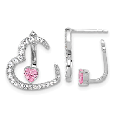 Sterling Silver Rh-plated White and Pink CZ Heart w/ Jacket Post Earrings