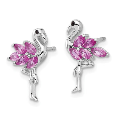 Sterling Silver Rhodium-plated Polished Pink Crystal Flamingo Post Earrings