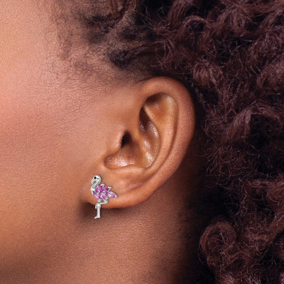 Sterling Silver Rhodium-plated Polished Pink Crystal Flamingo Post Earrings