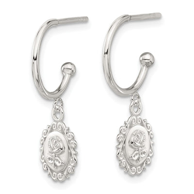 Sterling Silver E-coated Rose Dangle Post Hoop Earrings, 26.4 x 9.5mm