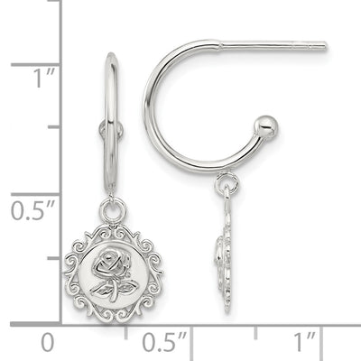 Sterling Silver E-coated Rose Dangle Post Hoop Earrings, 26.4 x 9.5mm