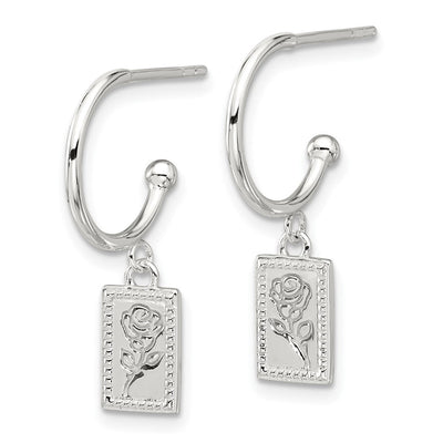 Sterling Silver E-coated Rose Dangle Post Hoop Earrings, 25.6 x 6.3mm