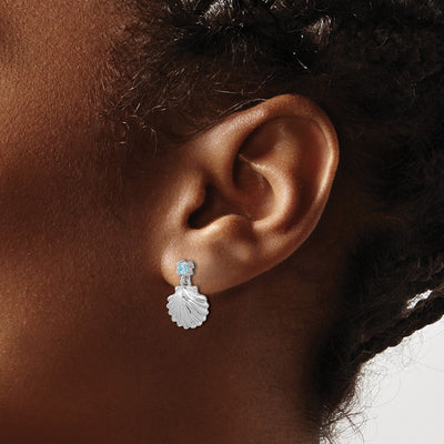 Sterling Silver Rh-plated Polished Blue CZ Dangle Shell Stud Earrings