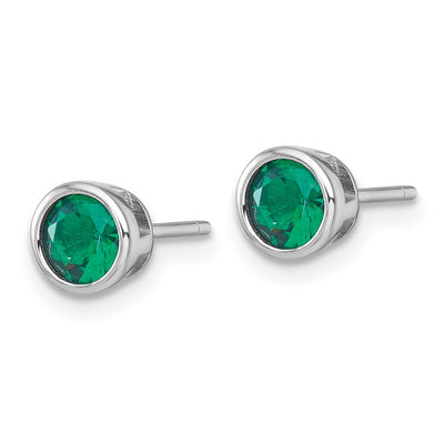Sterling Silver Rhodium-plated Polished Bezel Set Round Green CZ Stud Earrings