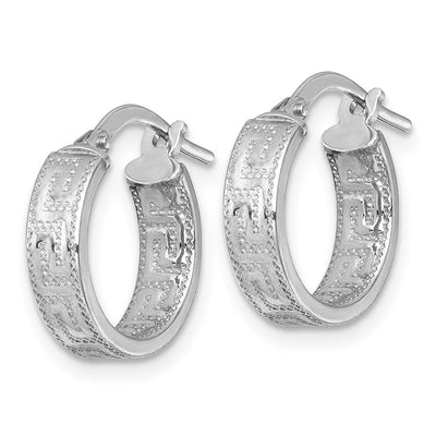 Sterling Silver Rhodium-plated Polished Textured In and Out Greek Key 4.00 x Hoop Earrings, 15.5 x 4mm