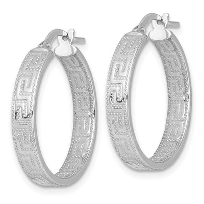 Sterling Silver Rhodium-plated Polished Textured In and Out Greek Key 4.00 x Hoop Earrings, 26 x 4mm