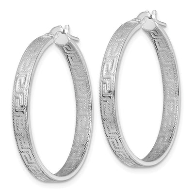 Sterling Silver Rhodium-plated Polished Textured In and Out Greek Key 4.00 x Hoop Earrings, 35.5 x 4mm