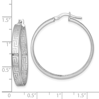 Sterling Silver Rhodium-plated Polished Textured In and Out Greek Key 4.00 x Hoop Earrings, 35.5 x 4mm