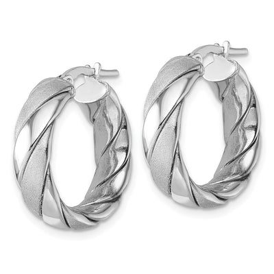 Sterling Silver Rhodium-plated Polished and Scratch Finish 6.0 x Twisted Round Tube Hoop Earrings, 22.5 x 6mm