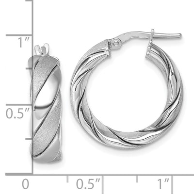 Sterling Silver Rhodium-plated Polished and Scratch Finish 6.0 x Twisted Round Tube Hoop Earrings, 22.5 x 6mm