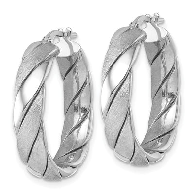 Sterling Silver Rhodium-plated Polished and Scratch Finish 6.0 x Twisted Round Tube Hoop Earrings, 27.5 x 6mm