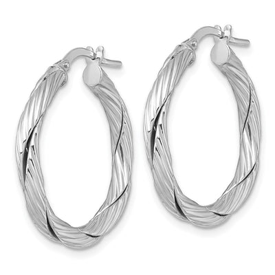 Sterling Silver Rhodium-plated Polished Textured and Twisted 3.00 x Round Hoop Earrings, 27 x 3mm