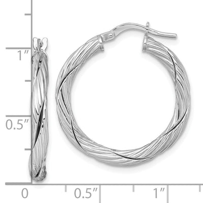 Sterling Silver Rhodium-plated Polished Textured and Twisted 3.00 x Round Hoop Earrings, 27 x 3mm