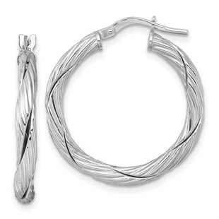 Sterling Silver Rhodium-plated Polished Textured and Twisted 3.00 x Round Hoop Earrings (Style QE17899)