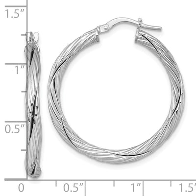 Sterling Silver Rhodium-plated Polished Textured and Twisted 3.00 x Round Hoop Earrings, 33 x 3mm